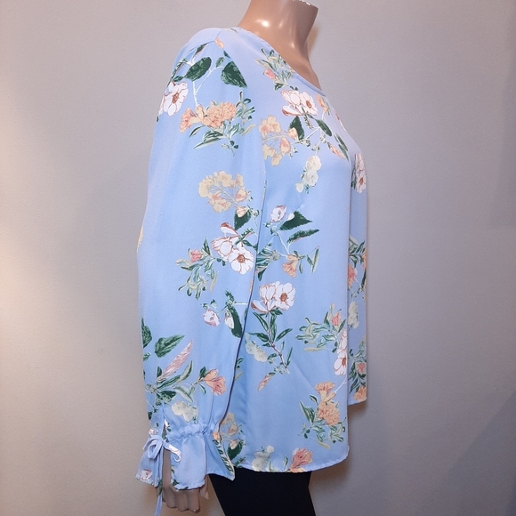 ROSE & THYME Floral Flare Tie Cuff Long Sleeve Blouse Keyhole Scoop Neck - Picture 7 of 12